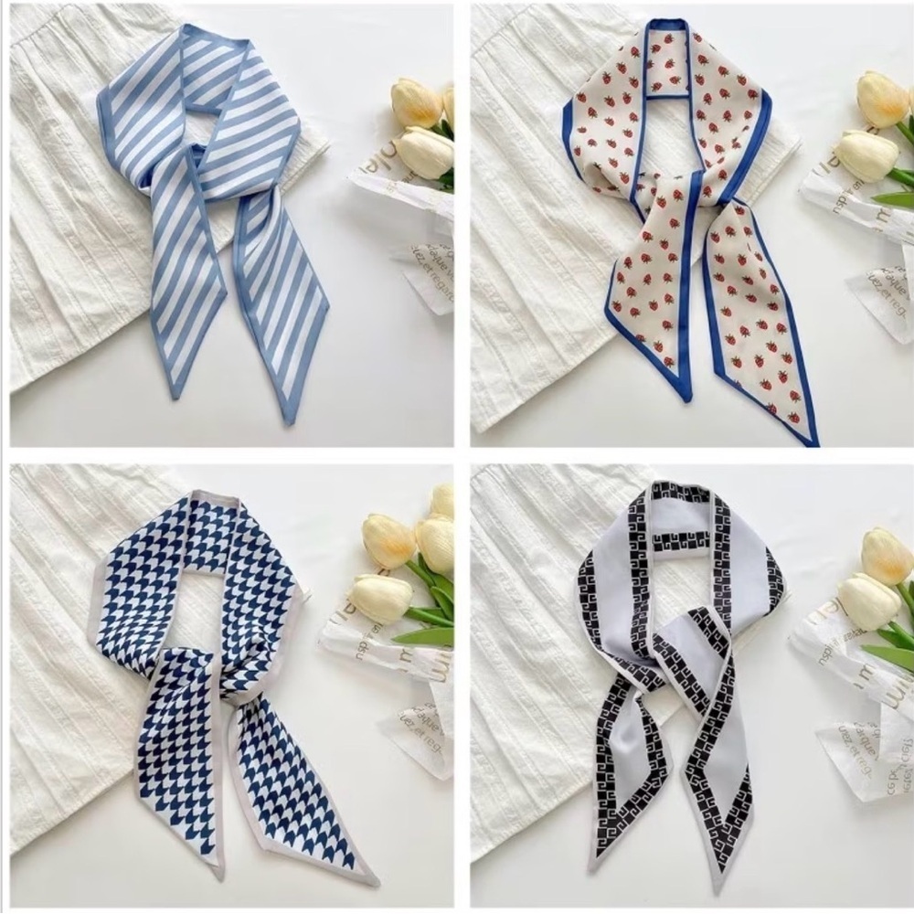 Parisian Chic Set of 4 Geometric Strawberry Twilly Scarves Stripes Houndstooth